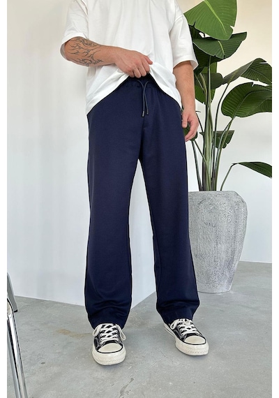 Lacivert Beli Lastik Detay Gabardin Baggy Pantolon Lacivert