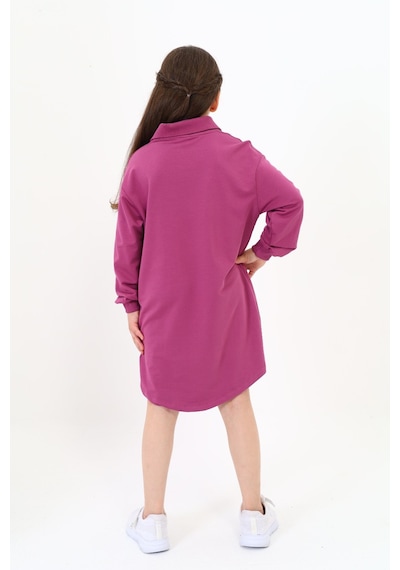 Kız Çocuk Baskılı Oversize Polo Yaka Uzun Kollu Elbise Mürdüm