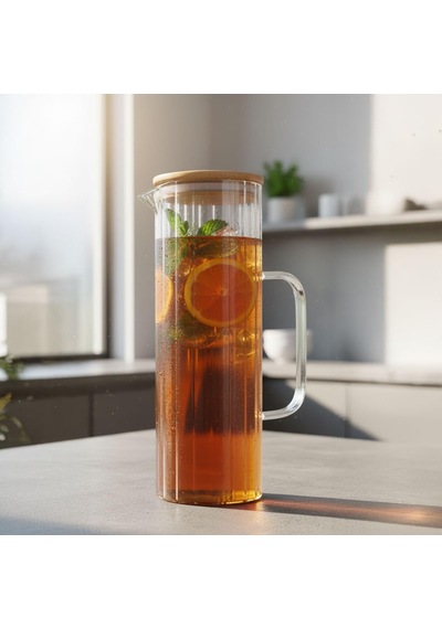 Lexroo 1000ml Bambu Kapaklı Line Borosilikat Cam Yağlık & Sürahi
