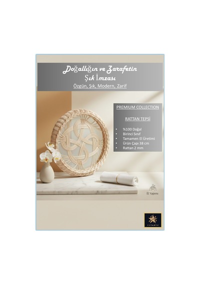 %100 Doğal El Yapımı Çok Amaçlı Dekoratif Şık Rattan Tepsi 38 Cm, 1. Sınıf, Dekoratif