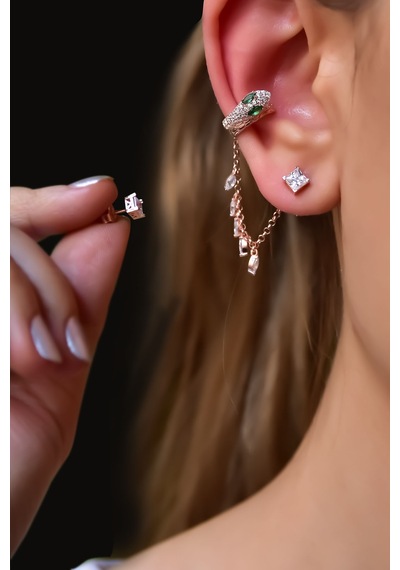 925 Ayar Gümüş Rose Kaplama Ear Cuff Chain Snake Küpe UVPTS300212