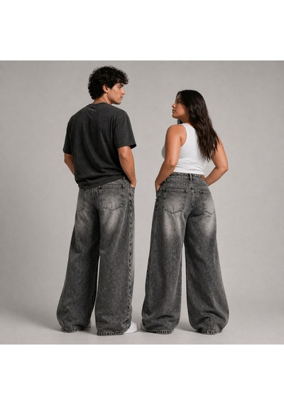St.poll Eskitme Füme Yıkamalı Unisex Büyük Beden Baggy Jean Pantolon