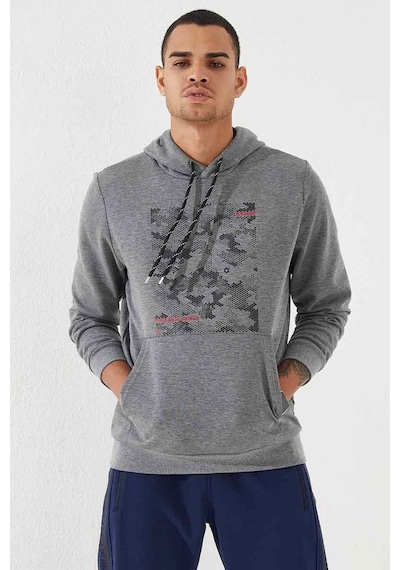 Tommy Life Gri Melanj Kamuflaj Desen Baskılı Standart Kalıp Kapüşonlu Erkek Sweatshirt - 87884 GRİ MELANJ