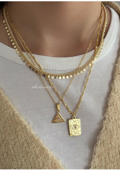 3'lü Pullu Zincir Zirkon Taşlı Gold Kadın Kolye Set Altın Altın