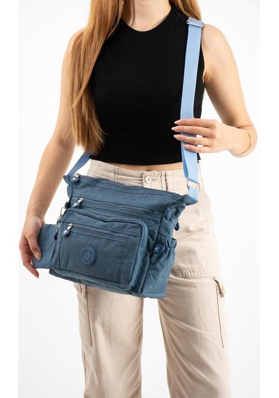 Baginn Kadın Postacı Çanta Hafif Klinkır Kumaş Çok Cepli Çapraz Askılı Omuz Çantası 28 24 Cm Günlük Çanta Mavi