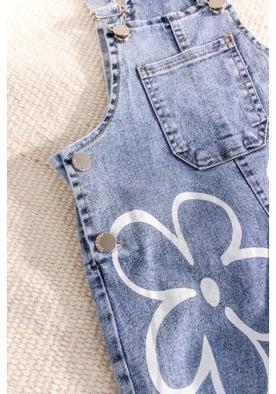 Baby Mod Çiçek Baskılı Denim Kız Çocuk Salopet Kot Tulum Mavi