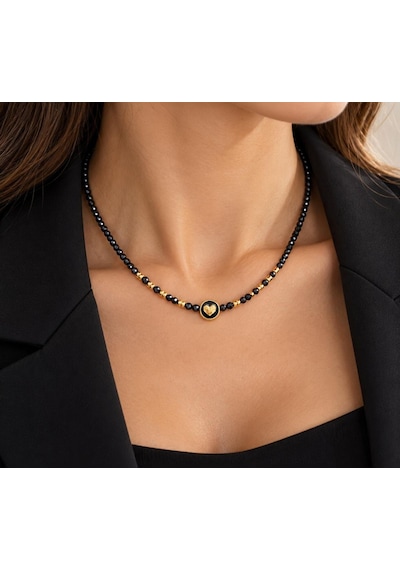 Spinel Taşlı Kalp Detaylı Gold Kolye Siyah