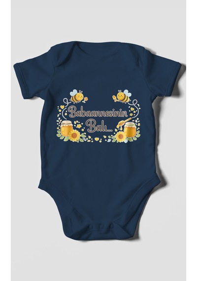 Morivokids Babannesinin Balı Kısa Kollu Bebek Body %100 Pamuk Lacivert