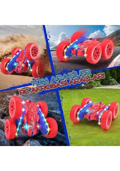 Uzaktan Kumandalı Işıklı Akrobat Araba 360 Derece Takla Atan Duman Püskürten Şarjlı Oyuncak Araba Spiderman
