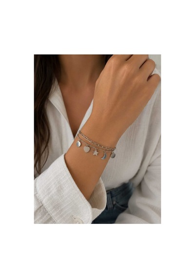 Silver Charm Bileklik Kalp, Yıldız Ve Ay Figürlü Çift Sıra Kadın Bileklik Gümüş - 889165436 Gümüş