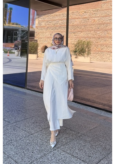 Riella Butik Nehir Üçlü Tesettür Takım Beyaz