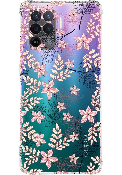 Oppo A94 Uyumlu Köşe Korumalı Floral Kırmızı Tasarımlı Şeffaf Silikon Kılıf