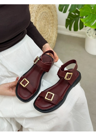 Erva'nın Butiği Bordo Cilt Ossey Çift Tokalı Gold Detay Kadın Sandalet-6255