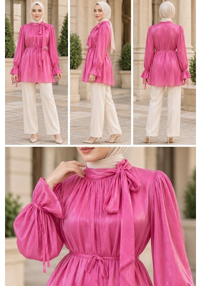 Sevitli Kolu Volanlı Janjan Abiye Bluz-pembe-5767
