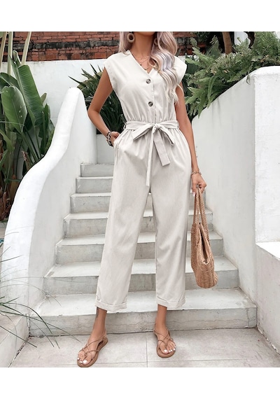 Barbora Keten Kadın V Yaka Tek Sıra Düğmeli Kolsuz Tulum Ln28ekru3 001