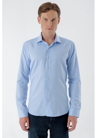 Morven Erkek A. Mavi Parma Armür Şamre Desenli Slim Fit Gömlek Açık Mavi