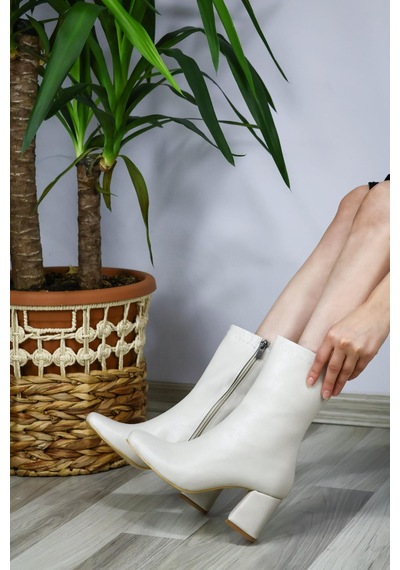 Asmi Shoes Kadın Krem Lumos Küt Burun Topuklu Fermuarlı Bot Krem Krem