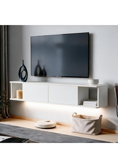 İnarch Dizayn Twist Led Işıklı Duvara Monte Tv Sehpası - 2 Kapaklı Beyaz