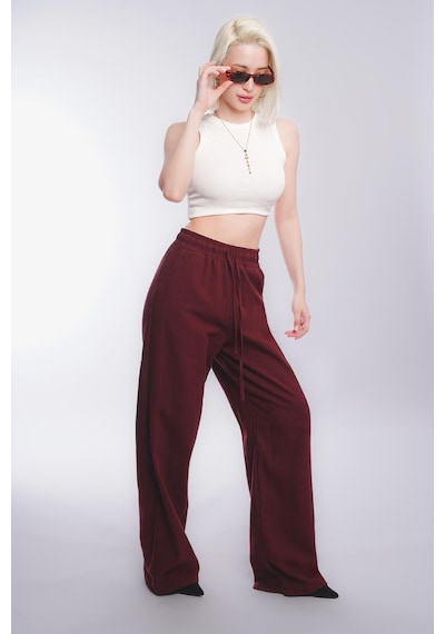 Madmext Bordo Beli Büzgülü Bol Paça Kadın Pantolon Mg2011 Bordo