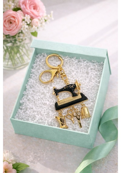 Dikiş Makinesi Anahtarlık Terzi & Moda Tasarımcı Hediye Gold Çanta Aksesuarı