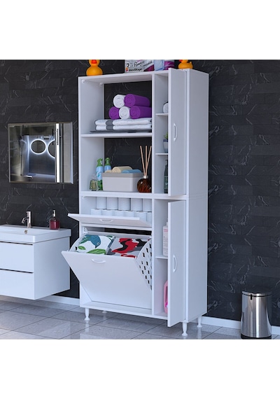 Mutfak Dolabı Sepetli Kirli Camasır Dolabı Banyo Dolabı 5 Raflı Cok Amaclı Dolap Beyaz
