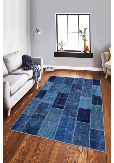 Mavi Patchwork Kaymaz Taban Makinede Yıkanabilir Halı Rv228n11
