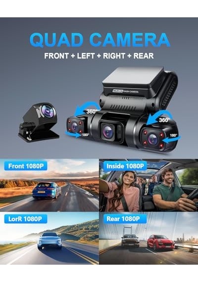Dash Cam, 4 Kanallı Kamera Fhd 1080px4, Ön, Sol, Sağ Ve Arka, Ön Ve Arka İç, Dahili Gps Wifi, 256 Gb Max,  128 Gb Kart, D90-4ch