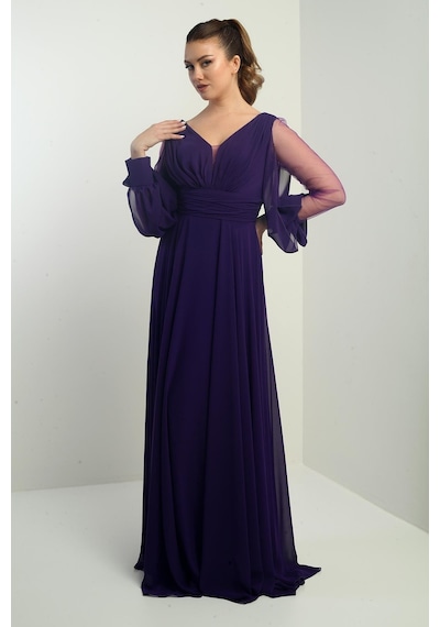 By Saygı Ön Arka V Yaka Önü Drapeli Kolları Tül Astarlı Geniş Beden Aralıklı Uzun Şifon Elbise-40312 Mor By Saygı Ön Arka V Yaka Önü Drapeli Kolları Tül Astarlı Geniş Beden Aralıklı Uzun Şifon Elbise-40312 Mor
