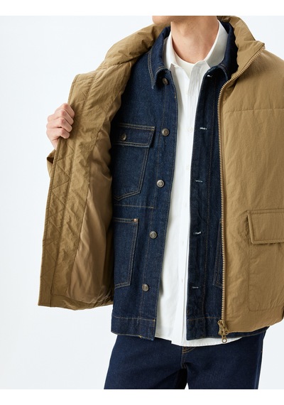 Koton Dik Yaka Fermuarlı Slim Fit Şişme Mevsimlik Ceket Bej 5wam20041hw Ekru