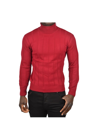 Deepsea Erkek Bordo Slim Fit Likralı Tam Balıkçı Yaka Çizgili Boğazlı Kazak 2505504 Bordo