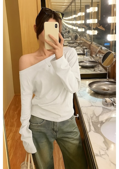 Siyah Beyaz Lacivert 3 Lü Paket Kadın Düşük Omuz Kayık Yaka Oversize Uzun Kollu T-shirt Siyah - Beyaz - Lacivert