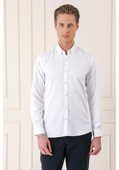 Efor Slim Fit Düğmeli Yaka Dokulu Pamuklu Klasik Beyaz Gömlek Gk 717 Beyaz