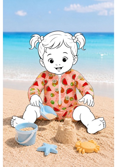 Zuzunga Summer Fruit Desenli Kız Bebek Uzun Kollu Fermuarlı Tulum Mayo