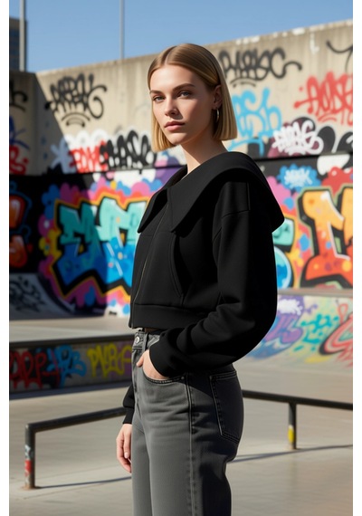 Benerly Kadın Polo Yaka Düşük Kol Fermuarlı Örme Sweatshirt %100 Pamuk Fo siyah