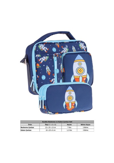 Kaukko Kids Erkek Çocuk Lacivert Roket Üç Bölmeli Thermo Beslenme Çantası Ve Kalemlik Seti L7260+l8260 Lacivert
