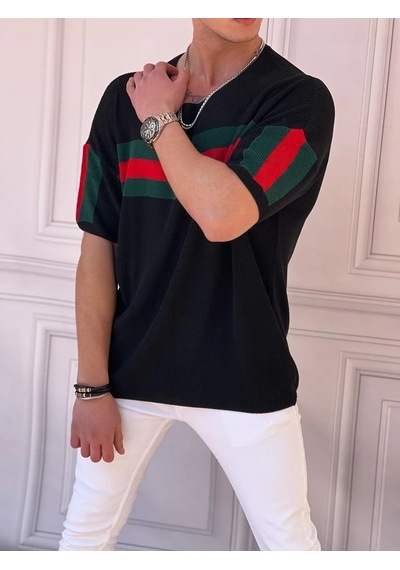 Modefendi Digital Baskı Şerit Detaylı Oversize Triko Siyah