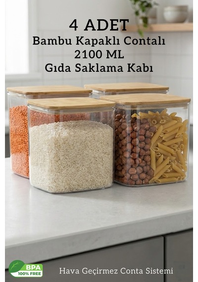 Bambu Kapaklı Dikdörtgen 4 Lü 2100 Ml Hava Geçirmez Gıda Saklama Kabı Seti Erzak Kabı Şeffaf