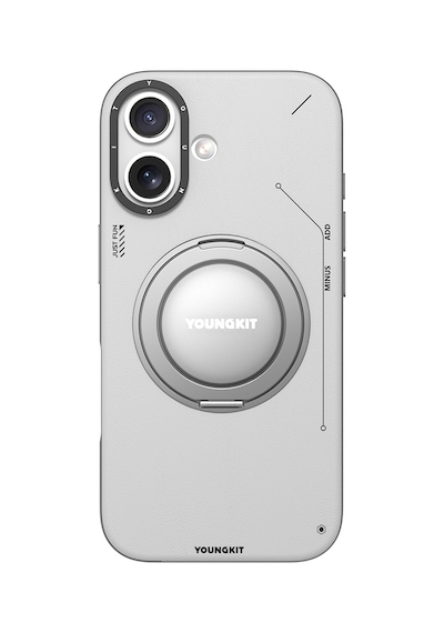 Apple Uyumlu iPhone 17 Kılıf M-safeli 360 Derece Standlı Basit Mat Deri Desenli Youngkit Tech Leather Kapak Gri Gri