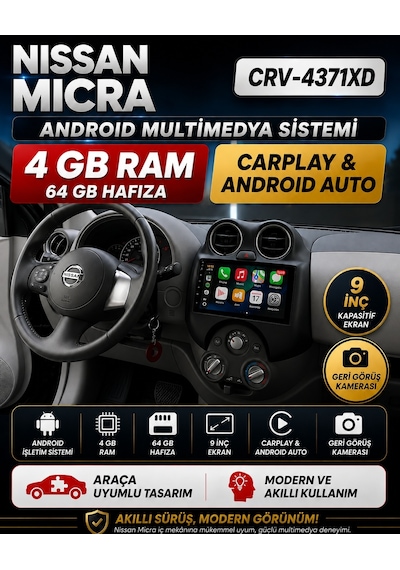 Nissan Micra Android Multimedya Sistemi 2013-2019 Crv-4371xd