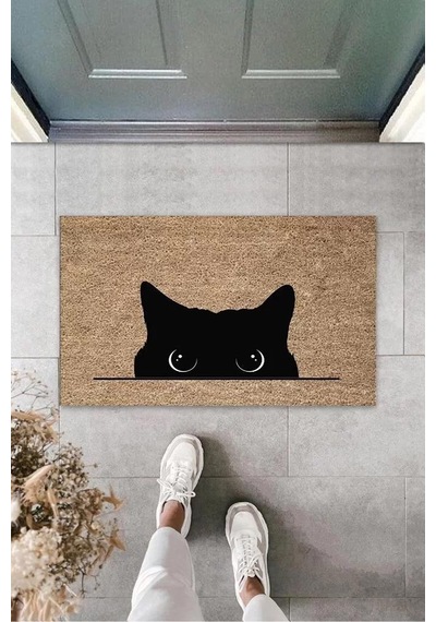Dijital Kara Kedi Bej Kapı Paspası Dış Mekan Paspas K-3185 Renkli
