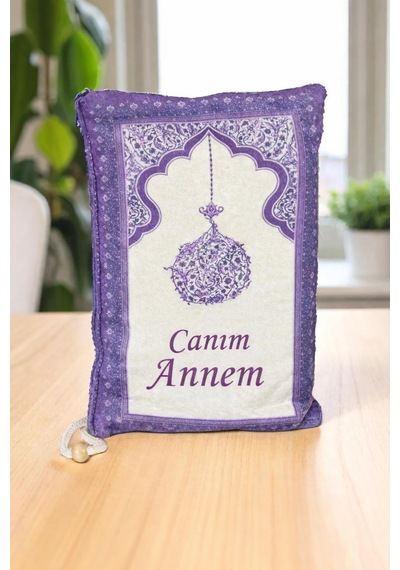 Canım Annem Nakışlı Anneler Günü Hediyesi, Kadife İpek Dokulu Keseli Seccade Ve İnci Tesbih Seti - Mor