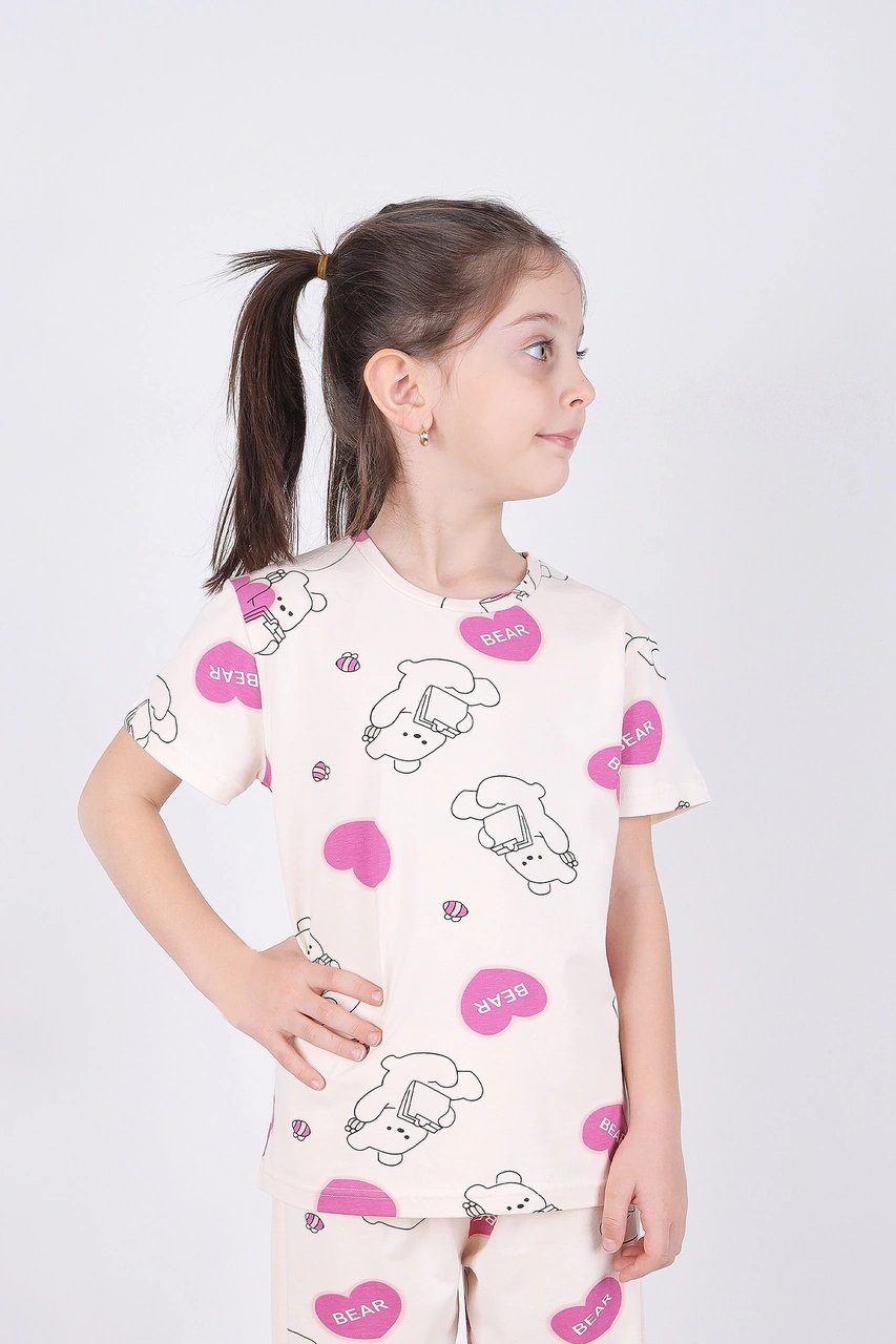 Kız Çocuk Pamuklu Kalpli Desenli Pijama Takımı Kc30102 Ekru - Pembe