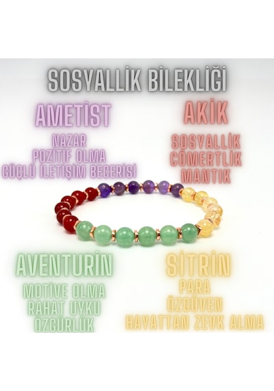 Sertifikalı Sosyallik Bilekliği Doğal Taş 6mm Misinalı Aventurin Sitrin Akik Ametist Çok Renkli