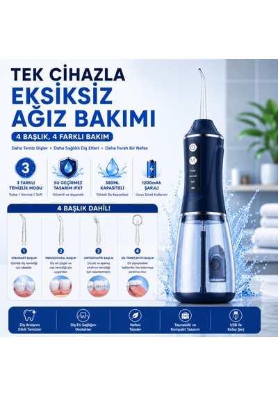 Coofbe Şarjlı Ağız Duşu Oral İrrigatör, 380 Ml, Ipx7 Su Geçirmez, 3 Temizleme Modu, 4 Başlıklı Taşınabilir Diş Temizleme Cihazı