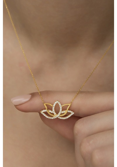 Nereze 925 Ayar Gümüş Gold Zirkon Taşlı Lotus Çiçeği Kolye