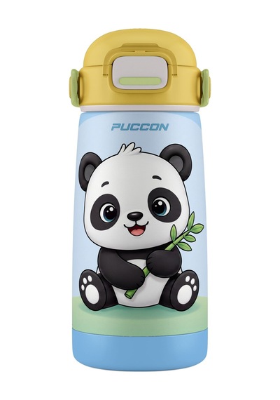 Puccon Çocuk Çelik Matara Termos 304 Paslanmaz Çelik Pipetli 420 Ml - Siyah Beyaz - Panda - 60042 Çok Renkli