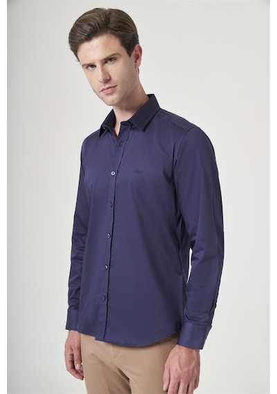 İmza Lacivert Sert Yaka Uzun Kol Cepsiz Saten Slim Fit %100 Pamuk Gömlek 1004260424