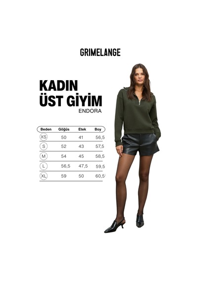 Grimelange Endora Kadın Yumuşak Polarlı Kumaşlı Yakası Fermuarlı Regular Haki Sweatshirt Haki