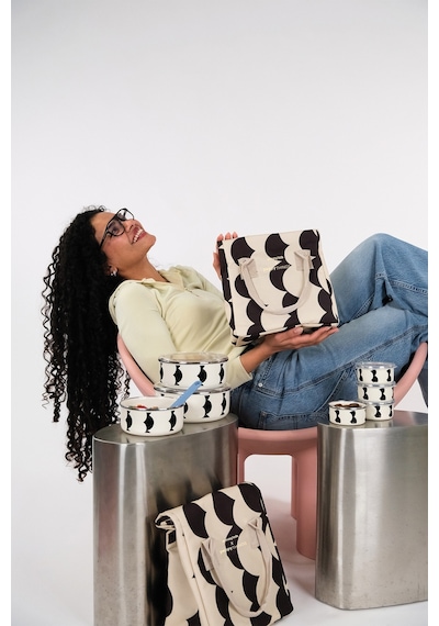 Emaylabxpeppythings Milky 3 Lü Set Emaye Saklama Kabı, Emaye Kahvaltılık & Termal Taşıma Çantası 10 Litre Beyaz - Siyah