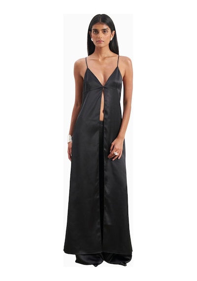 Because Of Alice Satin V Neck Longline Camisole Parlak V Yaka Saten Kadın Bluz Siyah